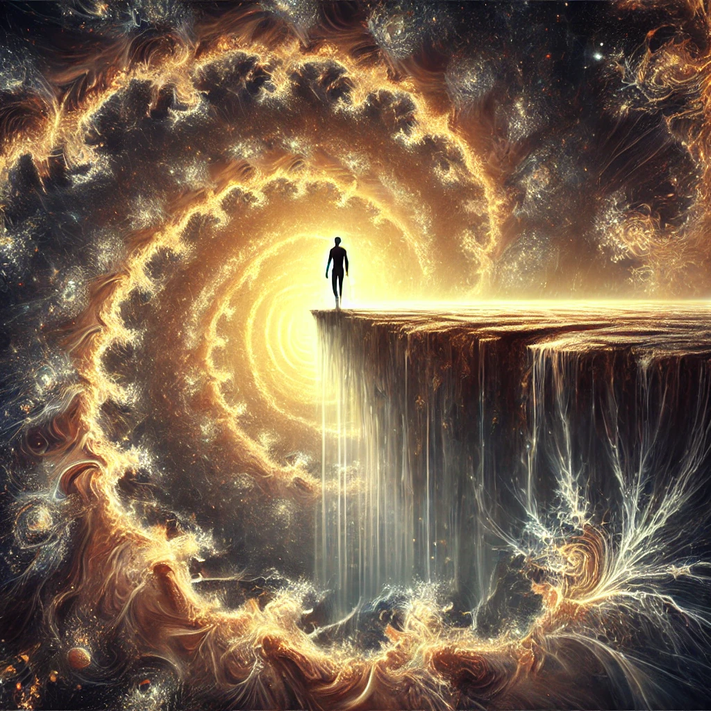 A surreal, symbolic image representing 'The Edge of Knowing': A figure stands at the edge of a vast, cosmic abyss, poised to step forward into the unknown. Below them, there is no visible ground—only a swirling fractal universe, shifting and forming as they prepare to leap. Ethereal threads of light extend into the void, hinting that a path may appear, but only once the figure moves. The figure is bathed in a golden glow, their silhouette radiating trust and surrender to the unfolding journey.