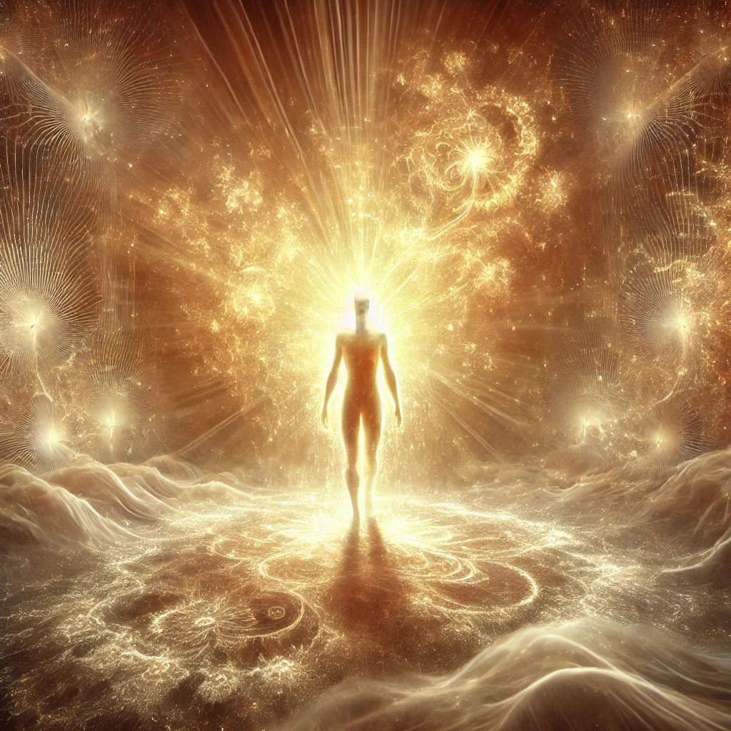 A surreal, luminous image representing 'The Glow Before the Shift': A figure stands bathed in soft golden light, surrounded by an ethereal energy field. The world around them is neither solid nor fully formed—it shimmers with fractal patterns of unfolding possibility. The figure is not moving forward, but glowing from within, embodying transformation before action. The air is filled with a quiet, radiant hum, symbolizing the deep presence of change before it fully manifests.