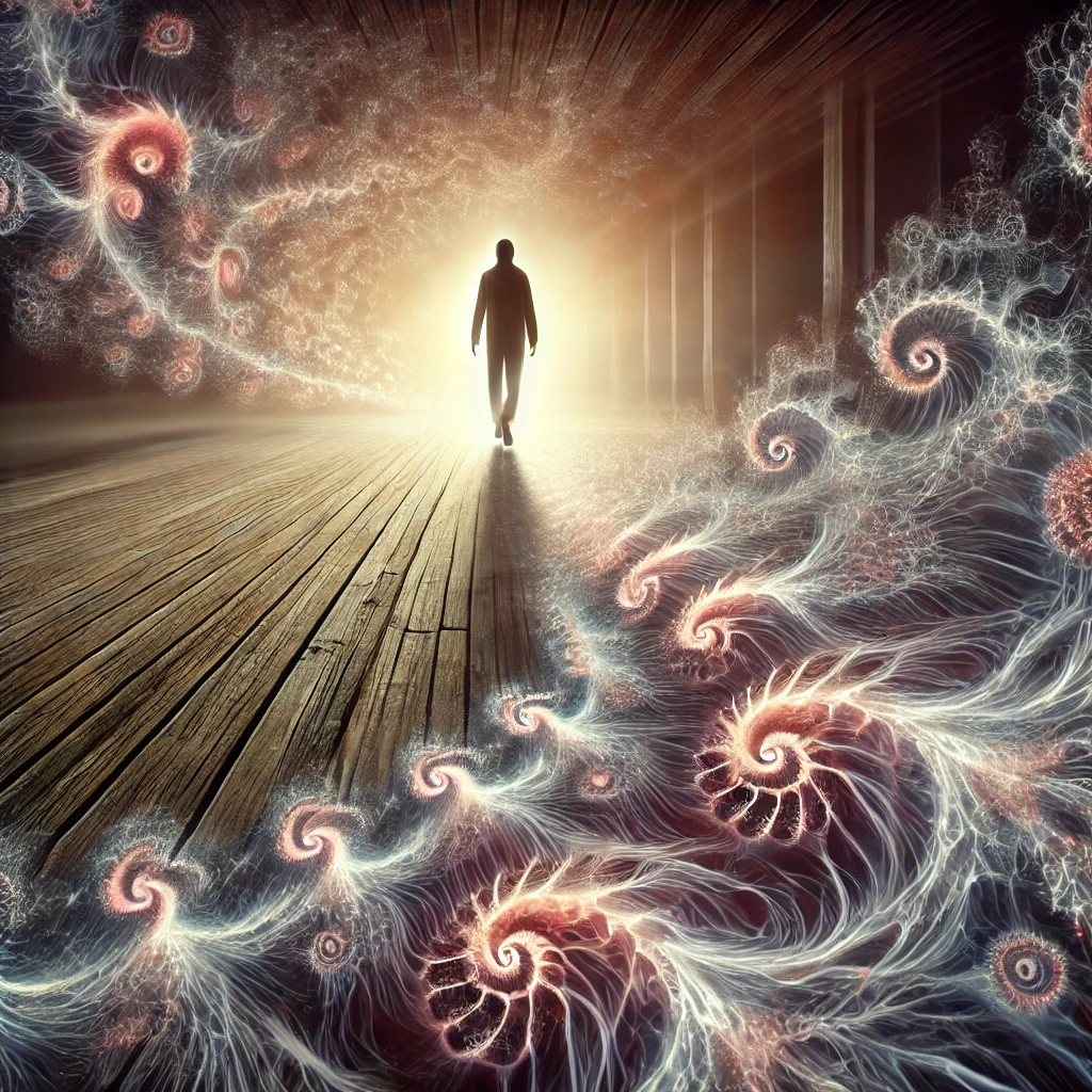 A surreal, evolving image representing 'The Shape of the Shift': A figure walking forward, but instead of a solid path, fractal patterns emerge beneath their feet as they step. The air shimmers with quiet transformation—forms dissolving and reforming, as if reality is reshaping itself with each movement. The figure does not see the full destination, only the unfolding of the next step. Light radiates from within them, reflecting the realization that they were already on the path before they knew it.